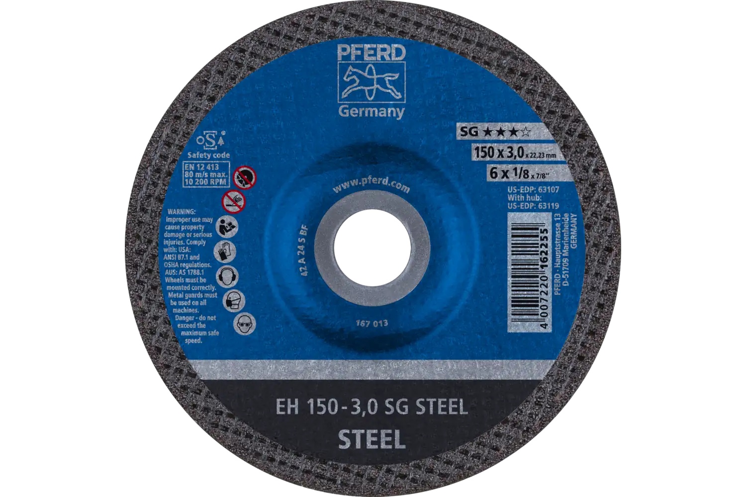 Picture of Pferd Cut-Off Wheel, 6" X 1/8 X 7/8, Sg Steel, T27, Aluminum Oxide